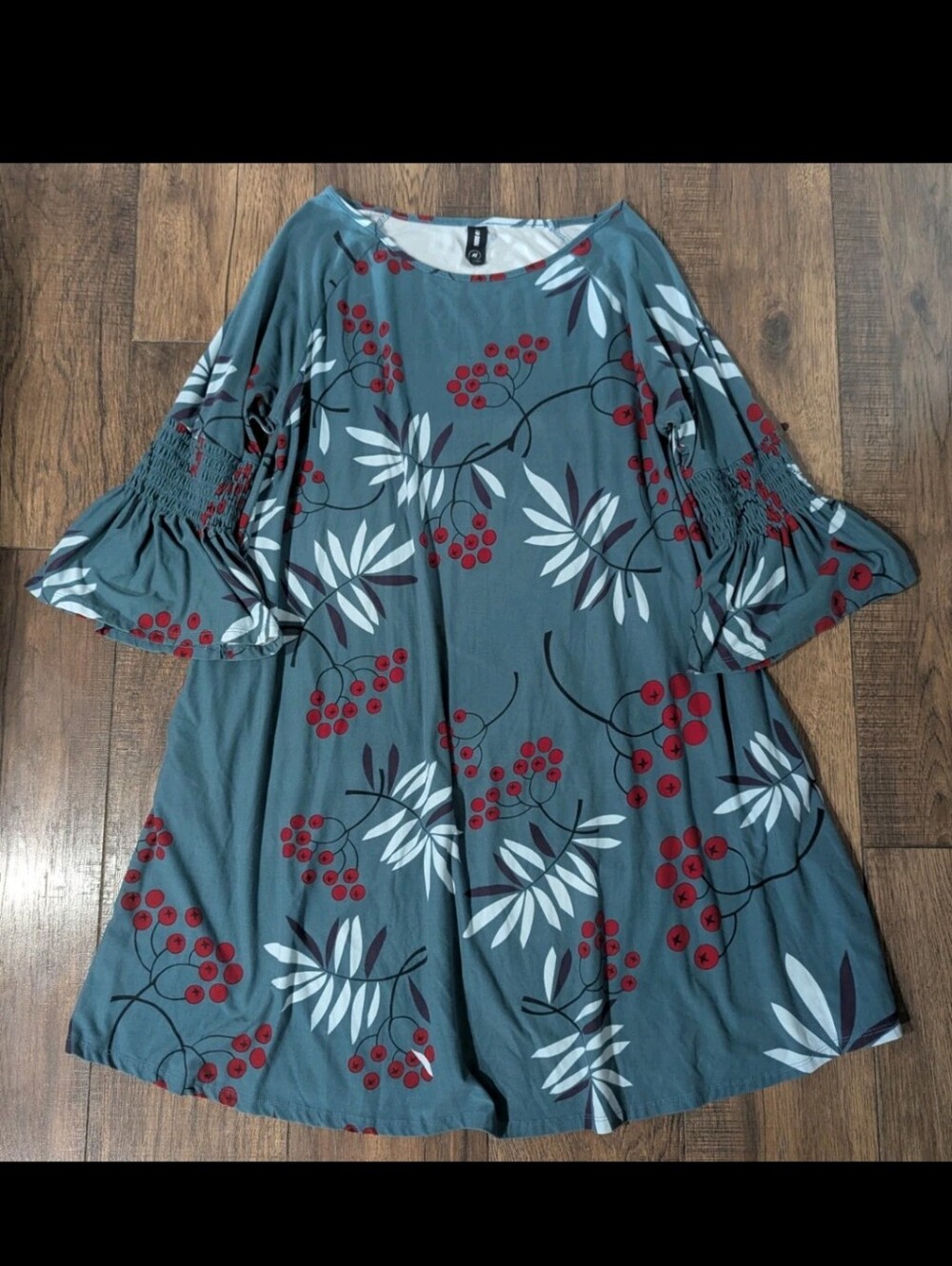Agnes & Dora Blue-Green Bell Mini Dress Red Berry & White Leaf Print Sz XL Xmas